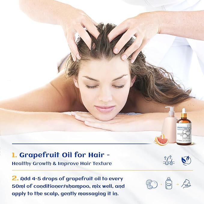 HIQILI 100 ml Grapefruit Essential Oil, for Diffuser, Skin Care, 100% Pure and Natural - 3.38 Fl Oz