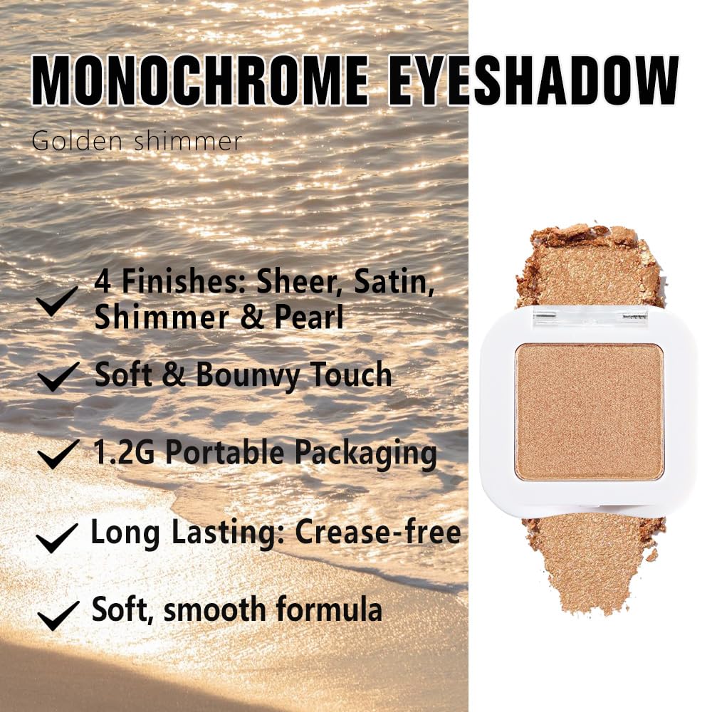 Golden Brown Glitter Single Eyeshadow – Neutral Shimmer Eye Shadow, Daily Waterproof Long-Lasting Eyeshadow Powder Palette for Women Eye Makeup sombras para ojos (06)