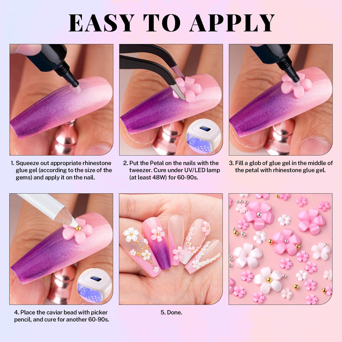 3D Flowers for Nails, Cute Flower Nail Charms, Manicure Kit with Nail Rhinestone Glue Gel, Colorful Acrylic Petal with Caviar Beads, Rhinestones for Nails & Gem Gluewith Dotting & Pickup Tools