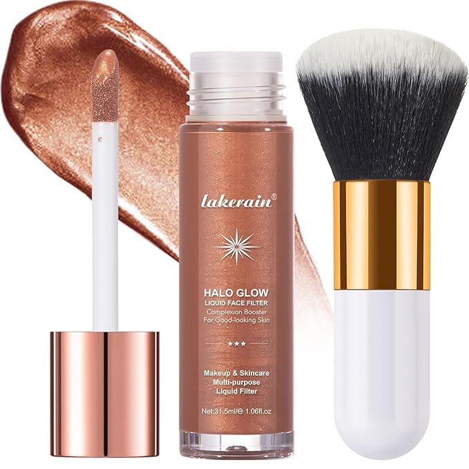 Natural Glow Liquid Filter Makeup, Longwear Face Luminizer, Complexion Booster For Any Part of the Body, Liquid Highlighter with Brush Kit, Infused Hyaluronic Acid, 1.06 fl oz (#06 TAN/DEEP)