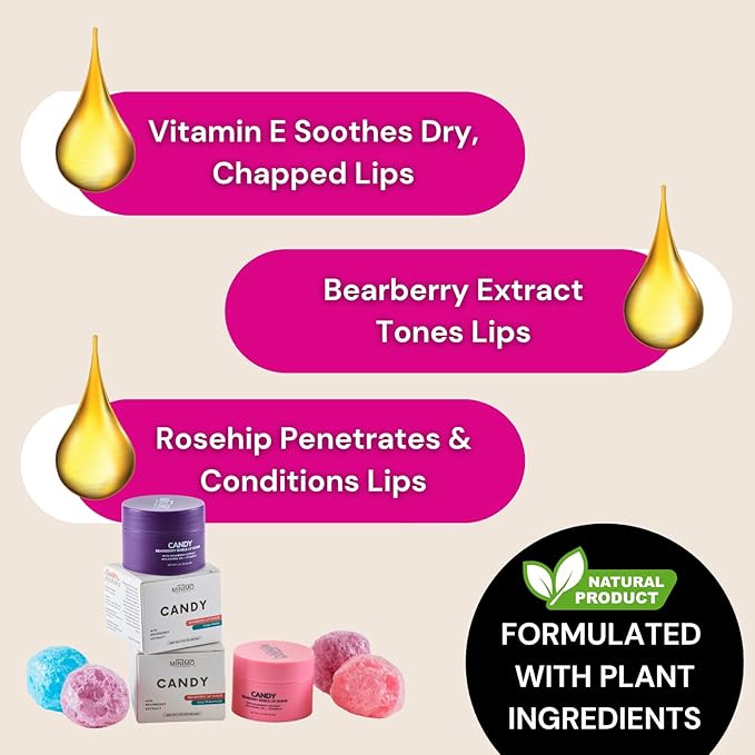 Minimo Candy Lip Exfoliator Scrub & Moisturizer - Lip Scrubber Exfoliator- Lip Brightening For Dark Lips Smoker| Removes Dead Skin from Dry Chapped Lips - Nourishes & Hydrates(1 oz) Pack Of 2