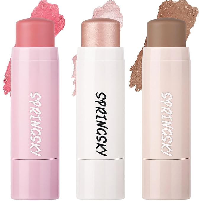 Face Stick Trio 3Pcs Multi Makeup Blush Highlighter Contour Sticks, Buildable Blendable Lightweight Cream Blush Stick for Cheeks Lips Make Up For Women (05)