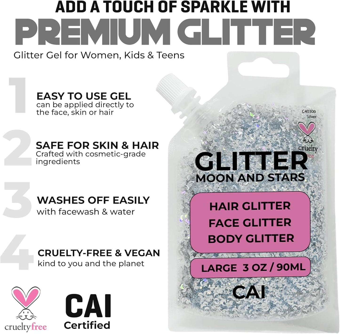 Face, Body & Hair Glitter Gel – Halloween Glitter for Kids and Women – 3 Oz Cosmetic-Grade Gel w/Moon & Stars for Festivals & Halloween Party, Easy Apply & Wash Off - Red/Silver 2Pack