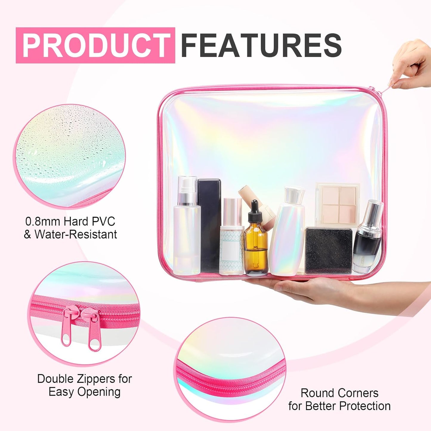 Sanwuta 6 Pcs Clear Hard Zipper Case Pencil Pouches Hard Plastic Zipper Pouches Makeup Bag Transparent Cases for Snacks Plastic Storage Organizer Box for Travel(Holographic,13.78 x 11.81 x 2 Inch)