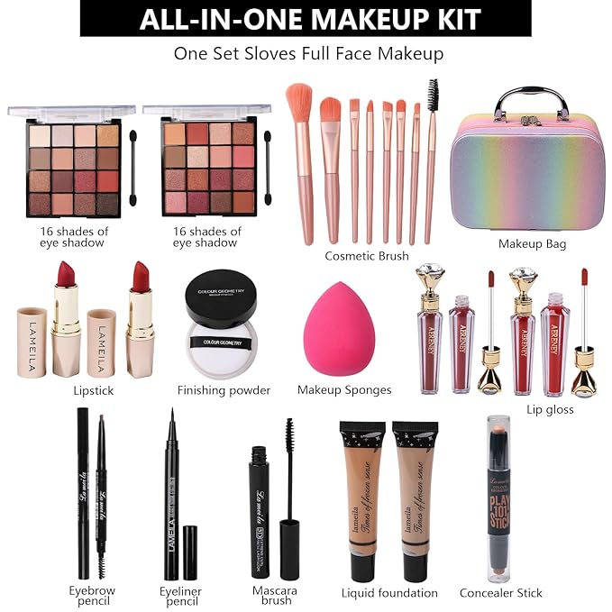 Makeup Kit for Teen Girls,All in One Makeup Kit for 2X16 Colors Eyeshadow Liquid Foundation Eyeliner Pencils Contouring Stick Lip Gloss Eyebrow Pencils 8Pcs Makeup Brushes etc (rainbow)