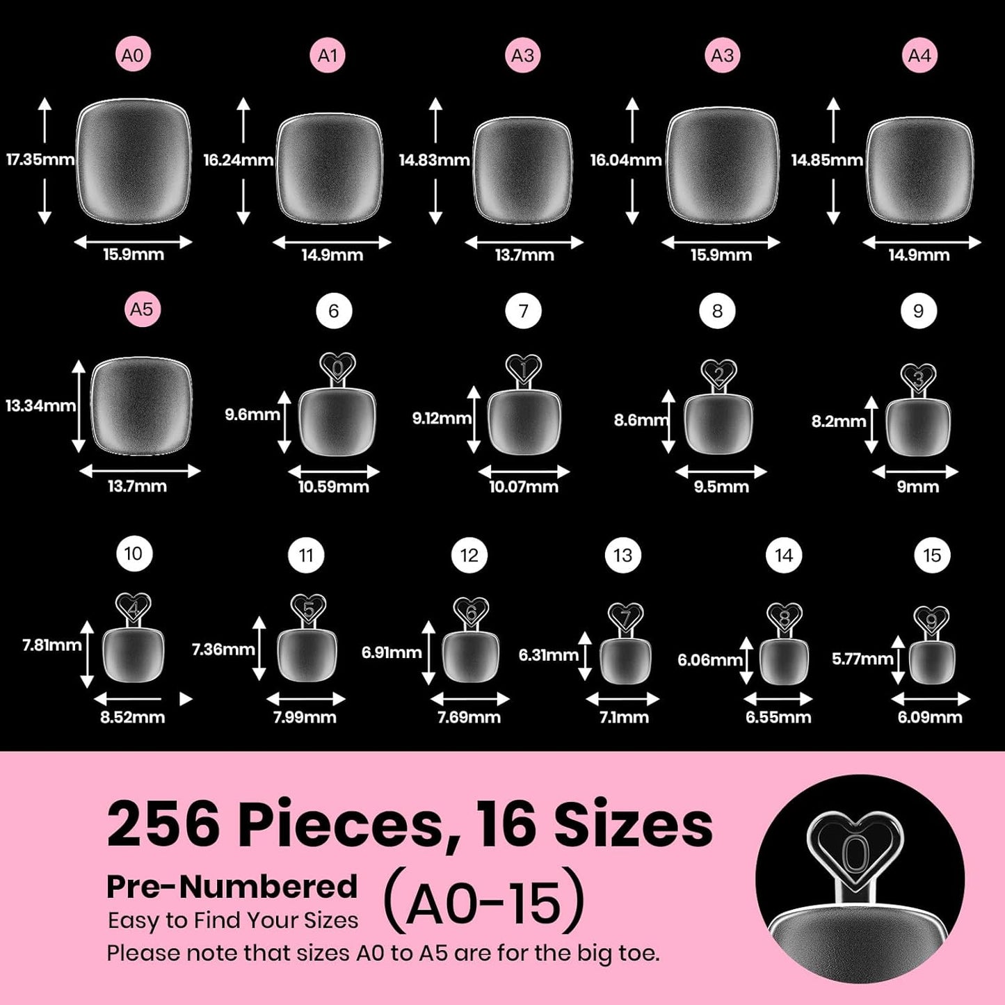 Beetles Toe Nail Tips Kit Square with Nail Glue - 16 Sizes 256 Pcs Pre-etched Double Matte Full Cover Press on Toenails Super Strong Nail Glue, Toe Nail Extensions Set for Women