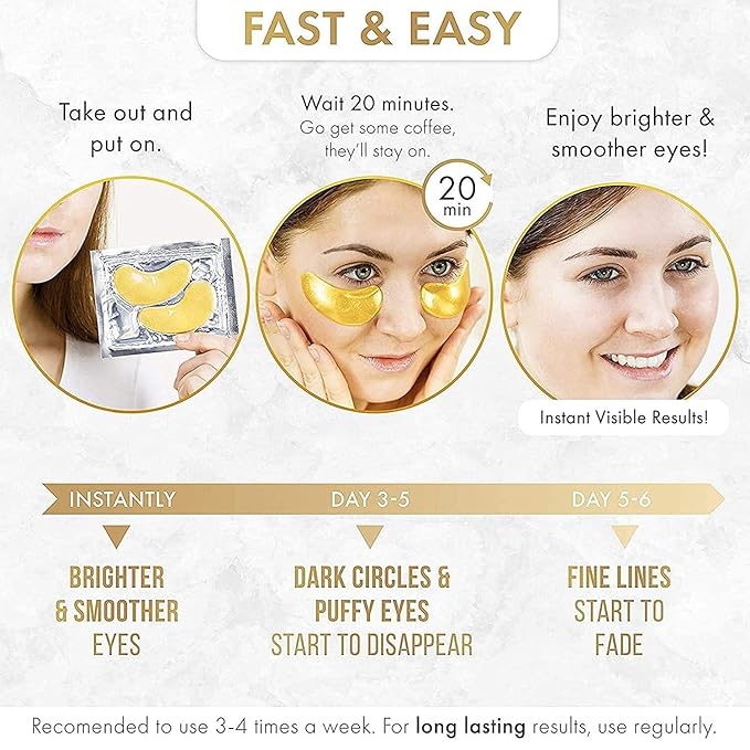 DERMORA Skin Treatment Mask 24K Gold Eye Mask - 20 Pairs Eye Gels - Rejuvenating Treatment for Dark Cirlce,Puffiness,Refresh,Revitalizing,Travel,Wrinkles