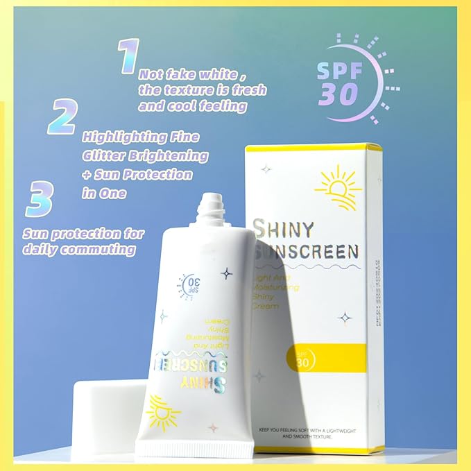 Shimmer Face Primer with Sunscreen, SPF 30, Highlighting Fine Glitter Brightening + Sun Protection, Moisturizing Sunscreen, Natural & Refreshing, Oil-Controlling,Non-Greasy Isolation Primer