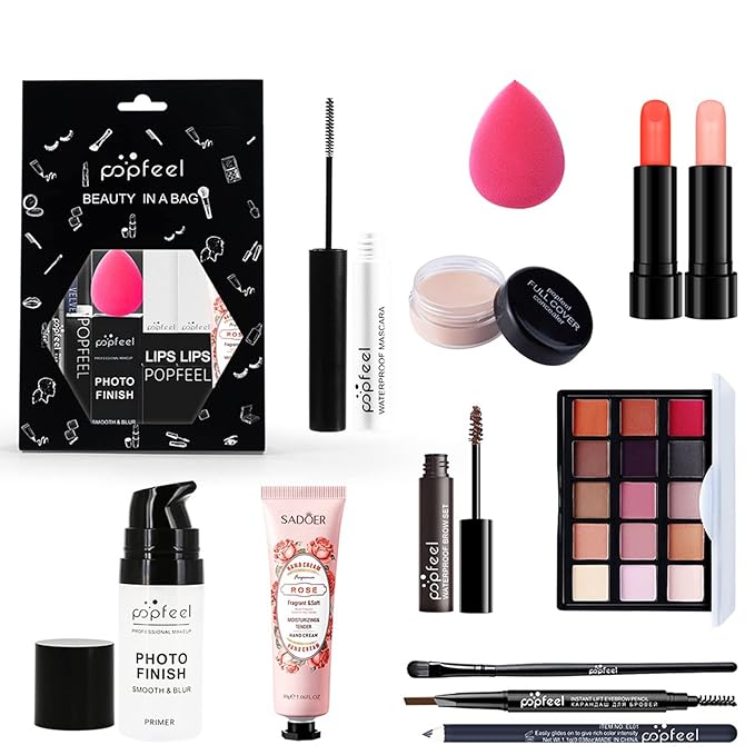 All-in-one Holiday Makeup Gift Set | Full Makeup Kit for Women Multipurpose Essential Bundle Include Eyeshadow Palette Lipstick Blush Concealer Face Powder Eyeliner Mascara Lipgloss Brush