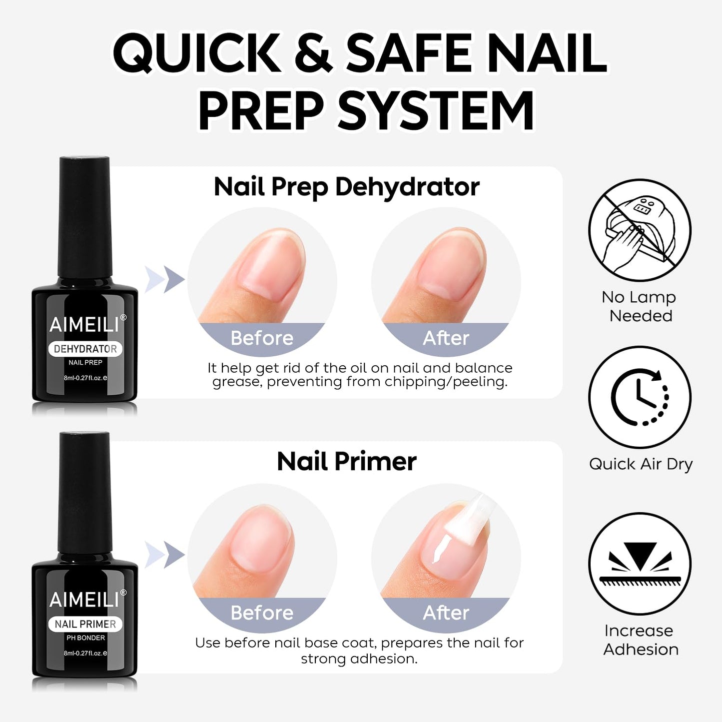AIMEILI 3Pcs Gel Nail Glue Nail Dehydrator and Primer, Hema Free, Cruelty Free, Vegan, Clear High Gloss Gel Nail Polish Long Lasting Nail Art