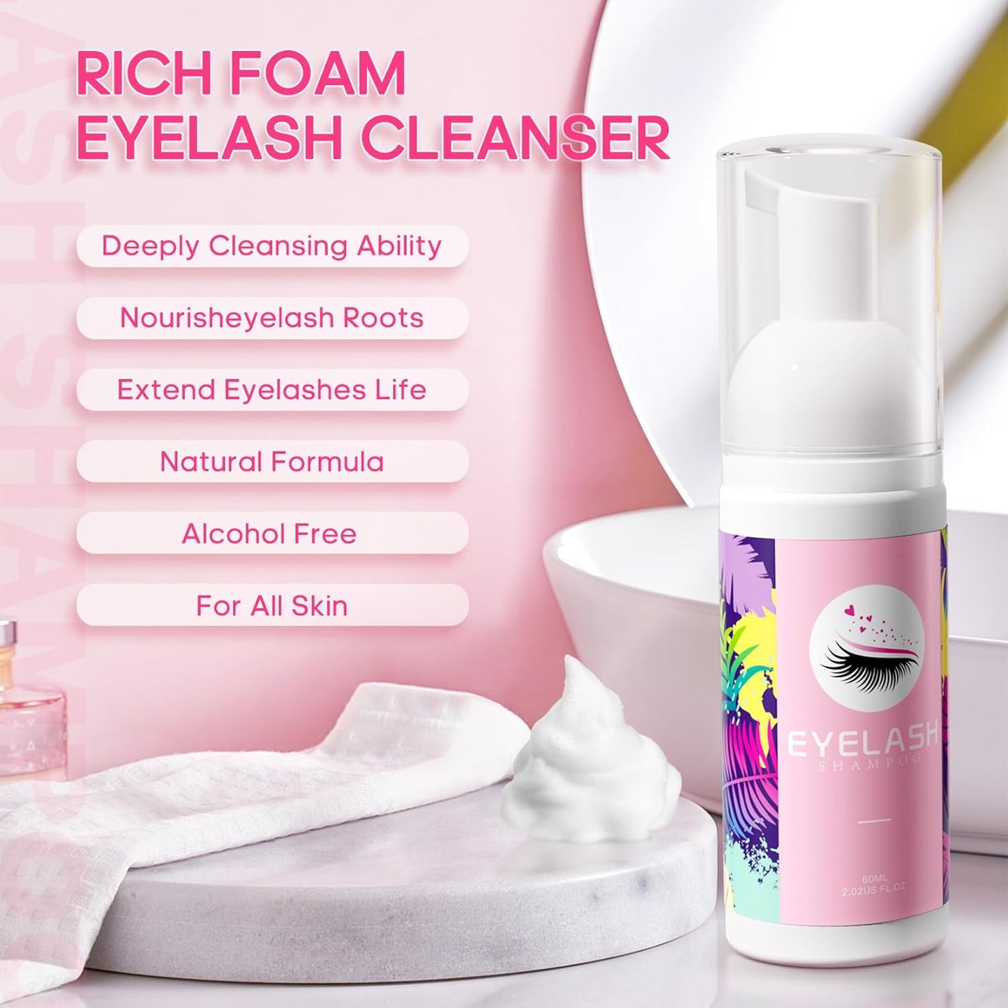 Buqikma Lash Cleaning Kit - Lash Shampoo Kit Eyelash Extension Cleanser for Extensions 60ML with Rechargeable Handheld Lash Fan Dryer Mascara Brush Rinse Bottle Makeup Cleansing Foam for Lash Care