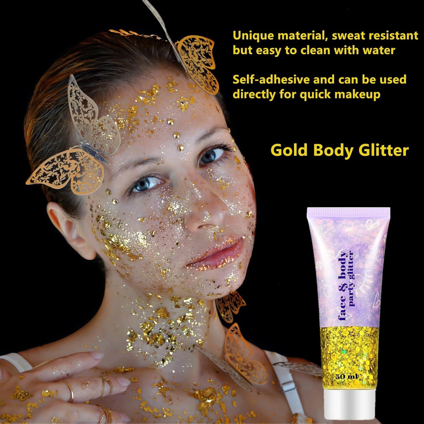 Go Ho Orange Face Body Glitter,Sparkle Orange Face Paint Glitter Makeup,Holographic Chunky Sequins Glitters Gel for Eye Lip Hair Nails,Festival Rave Accessories,52g