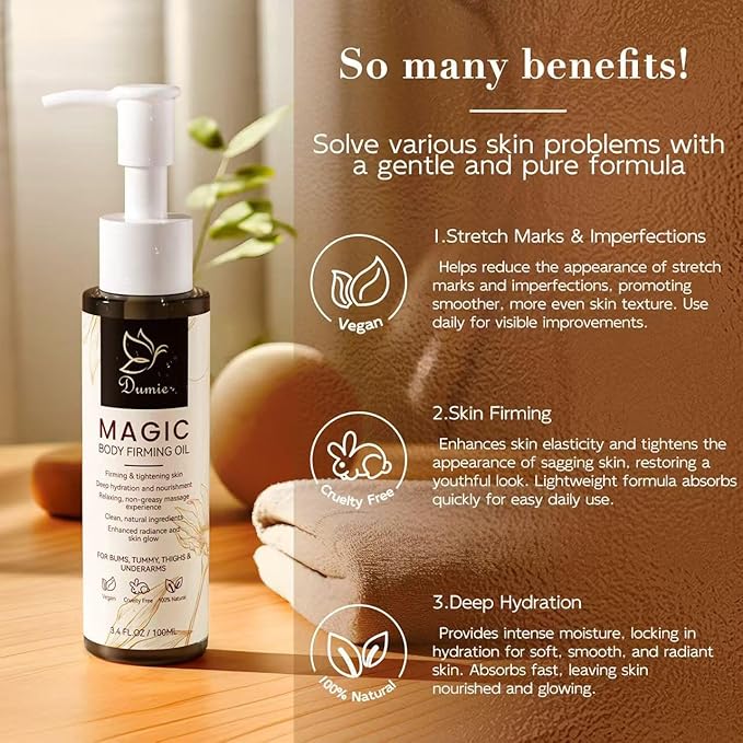Magic Body Firming Oil, 3.38 FL OZ, Korean Skin Care Post-Shower Body Oil for Women – With 767,000ppm Jojoba Oil,to Tighten, Hydrate & Nourish Dry Skin, Lightweight & Non-Greasy for Full Body Use
