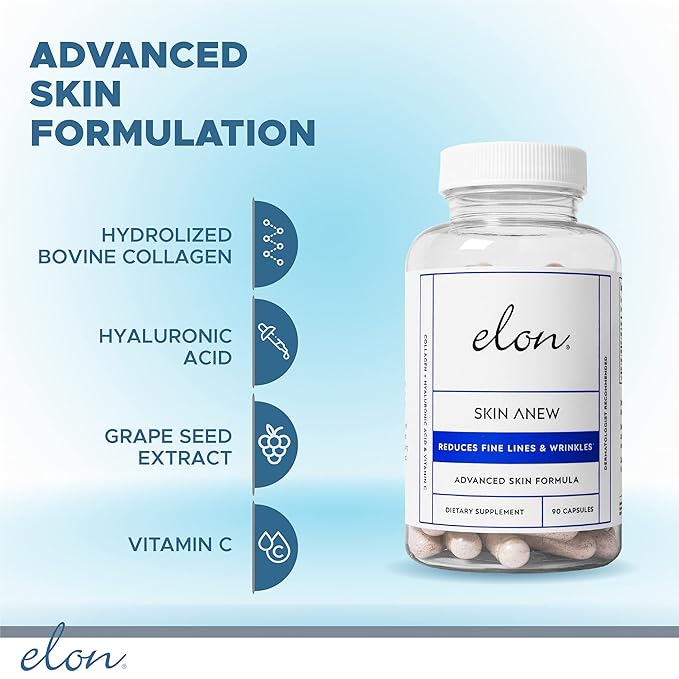 Elon Face Skin Care Set – Skin Care Kit w/ Antioxidant C Moisturizer for Face, Skin Anew Hydrolyzed Collagen Capsules, & Hyaluronic Acid Serum for Face – Skin Care Products for All Skin Types