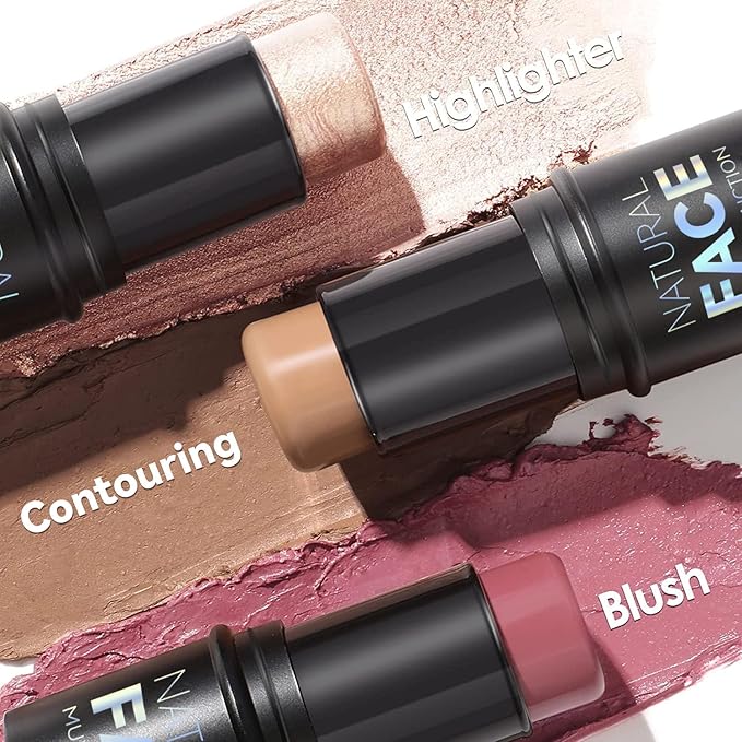 3 Pcs Face Contour Sticks Set, Shades with Highlighter & Contour & Blush Sculpted Complexion Wand Contour Long Lasting Natural Buildable Highlighters Contour Contouring Bronzer (01, 05, 06)