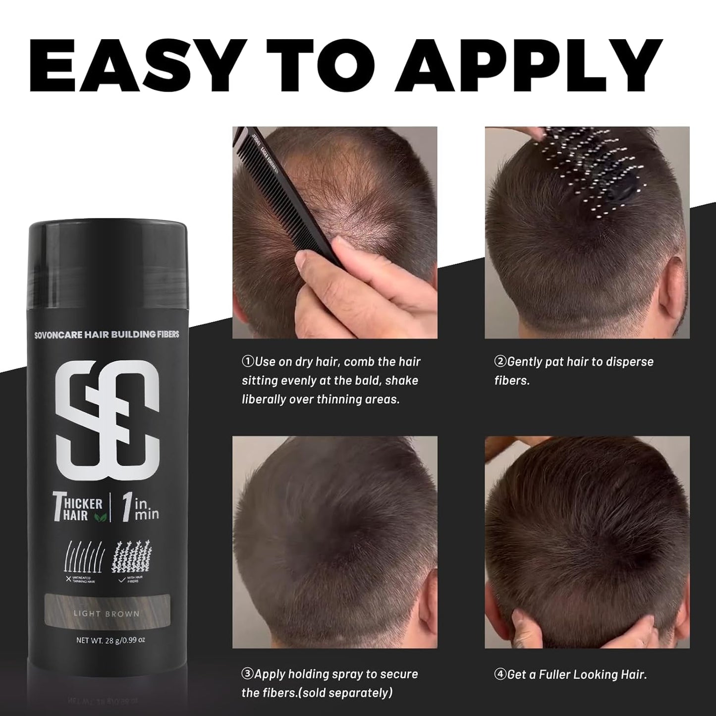 SOVONCARE Hair Fibers for Thinning Hair Light Brown, Hair Building Fibers for Bald Spots Undetectable & Natural, Conceals Hair Loss Fill In Fine Hair Powder Hair Thicker Instantly for Women & Men 28g