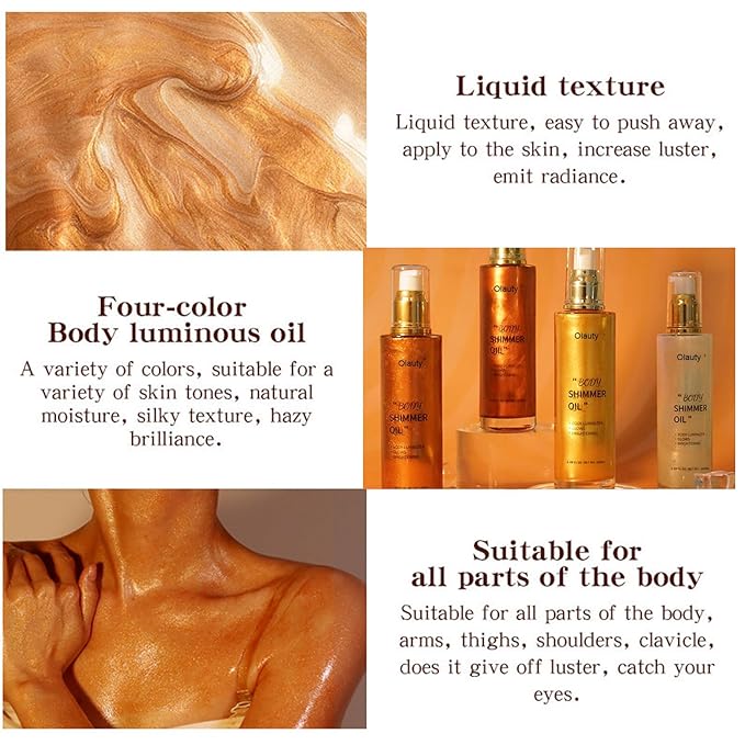 Shimmer Body Oil,Face and Body Liquid Luminizer,Waterproof Moisturizing Light Shimmer Glow Illuminator,Smooth Body Shimmer,Liquid Highlighter Makeup (Golden Brown)