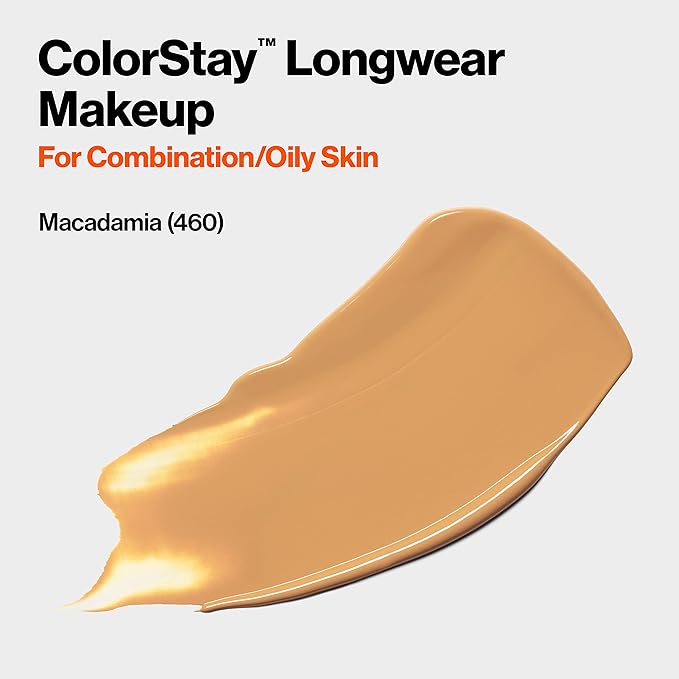 Revlon Liquid Foundation, ColorStay Face Makeup for Combination & Oily Skin, SPF 15, Medium-Full Coverage with Matte Finish, Macadamia (460), 1.0 oz