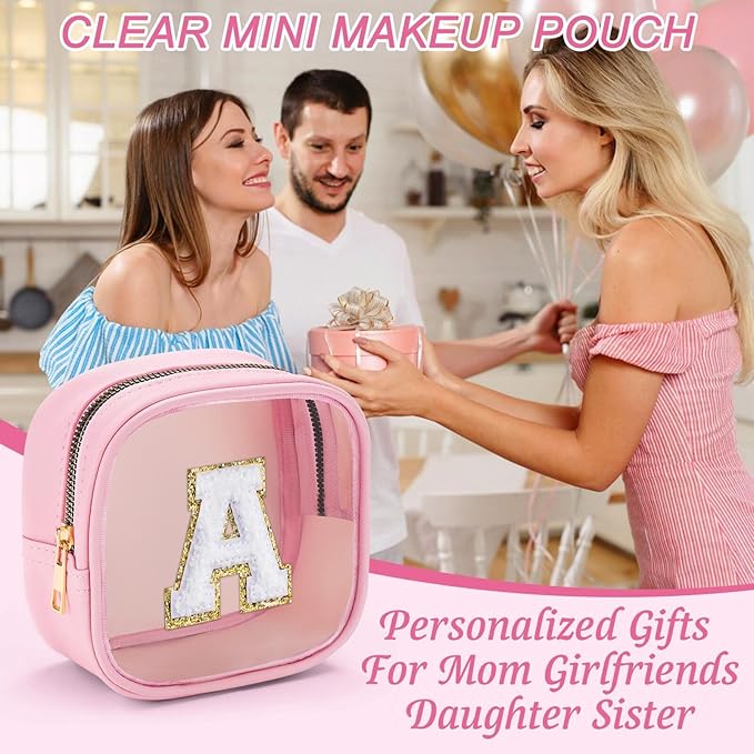 YOOLIFE Mini Birthday Gifts for Women - Personalized Cute Pink Initial Clear Makeup Bag Make Up Bag Travel Bag for Mothers Day Gifts Teacher Sister Friend Female Girlfriend Wife Teen Gifts Party Bag T