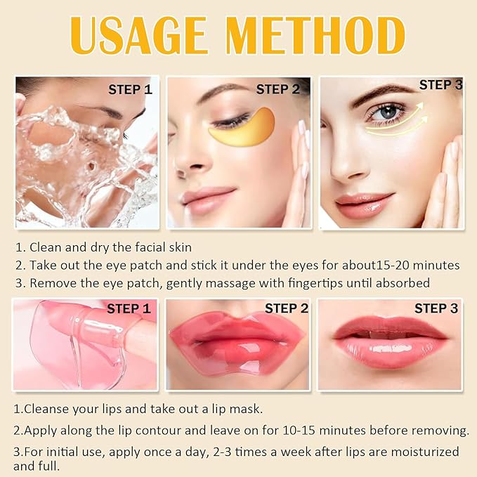30 Pairs Collagen Lip Masks & Under Eye Mask, Gel Crystal Moisturizing Lip Mask, 24K Gold Under Eye Patches for Puffy Eyes, Dark Circle, Reducing Fine Lines, Effectively Nourishes Lip & Eye Skin Care