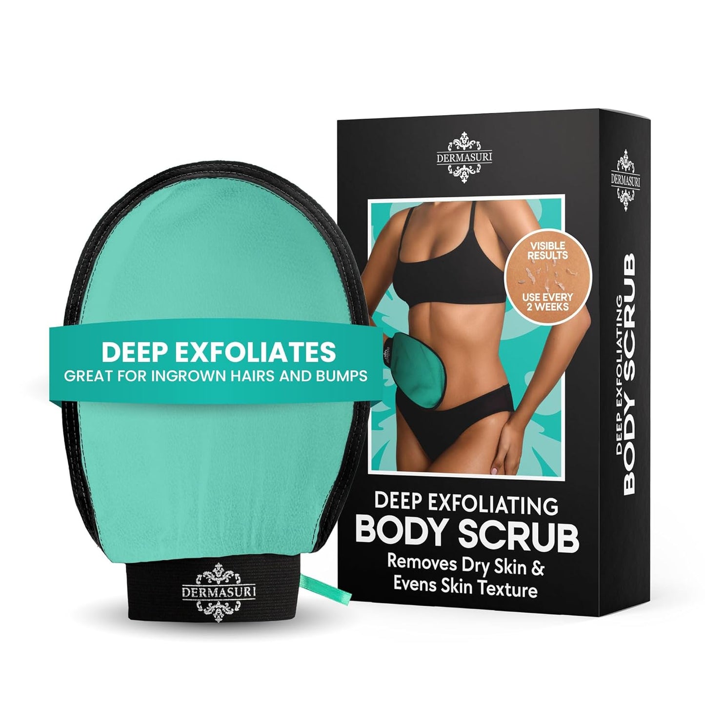 Dermasuri Deep Exfoliating Glove – Korean Exfoliating Body Scrubber for Shower, Buffs Dry & Dead Skin, Keratosis Pilaris Treatment, Body Scrub, Skin Exfoliator for Men & Women, Reusable Teal Mitt