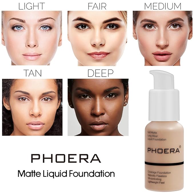 PHOERA Foundation,6Pcs Matte Liquid Lipstick Makeup Set, Matte liquid Long-Lasting Wear,PHOERA Makeup Foundation Full Coverage(101- Porcelain)