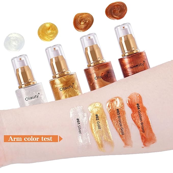 Shimmer Body Oil-Pearl White Face Brighten Glow Pearl Highlighter Liquid Illuminator Body Glow Oil,4 Color Bronze Makeup Glitter Body Shimmer Oil with Makeup Brush