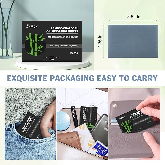 Natural Bamboo Charcoal Oil Absorbing Tissues - 6pk/600 Oil Blotting Sheets For Face, Oil Control Film, Oil Absorbing Sheets, Makeup Friendly