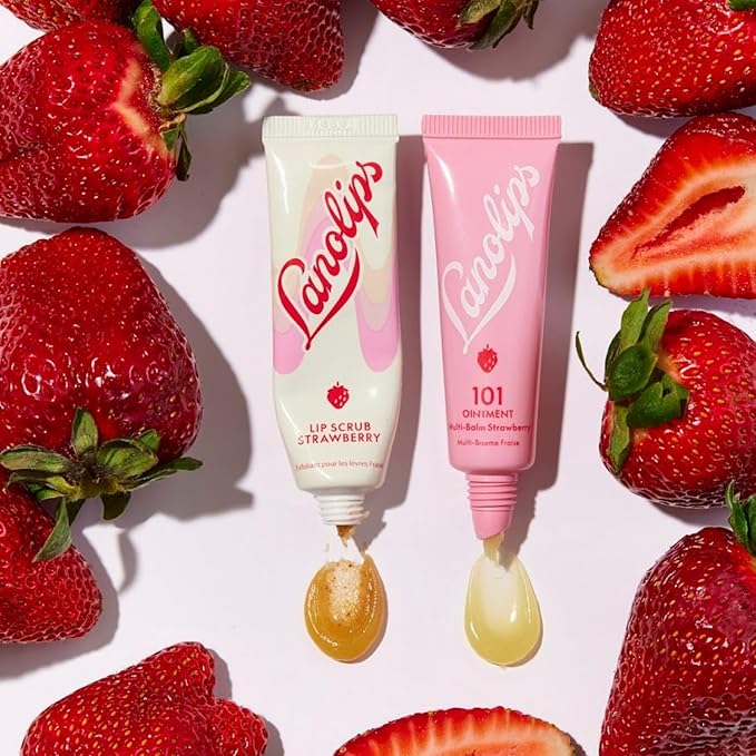 Lanolips Lip Scrub - Natural Lip Exfoliator Made with Lanolin, Vitamin E & Finely Ground Strawberry Seeds - Gentle Sugar Scrub for Healthy, Soft Lips - Strawberry (.35 oz)