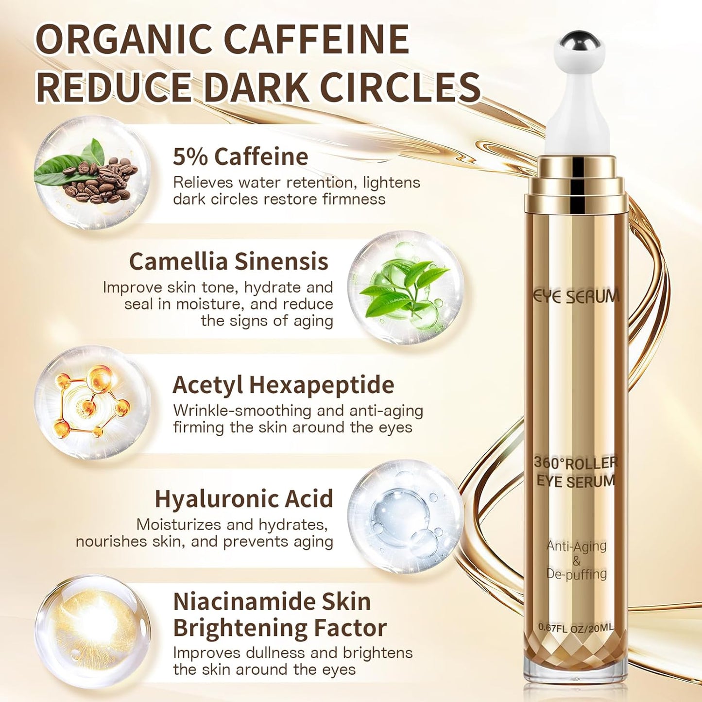 Caffeine Eye Serum, 0.67 Fl. Oz. Under Eye Cream for Dark Circles and Puffiness Eye Care Eye Serum Anti Aging with 360° Massage Ball Reduce Eye Bags, Wrinkles and Fine Lines