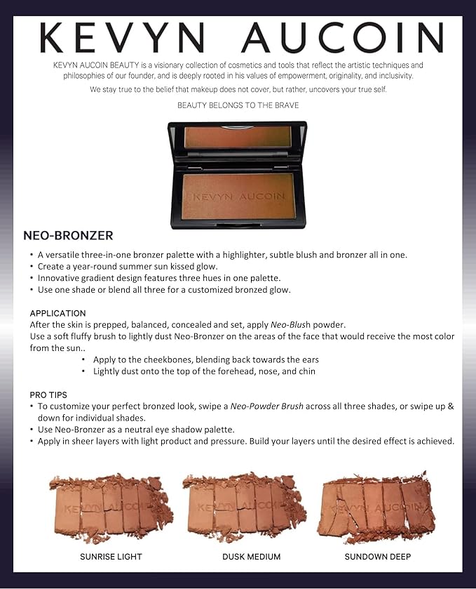 Kevyn Aucoin The Neo-Bronzer, Sunrise Light: 3 in 1 makeup palette. Highlighter, blush & bronzer in one smooth gradient makeup compact. Shimmer & matte in light, medium & deep. Sun-kissed to bronzed.
