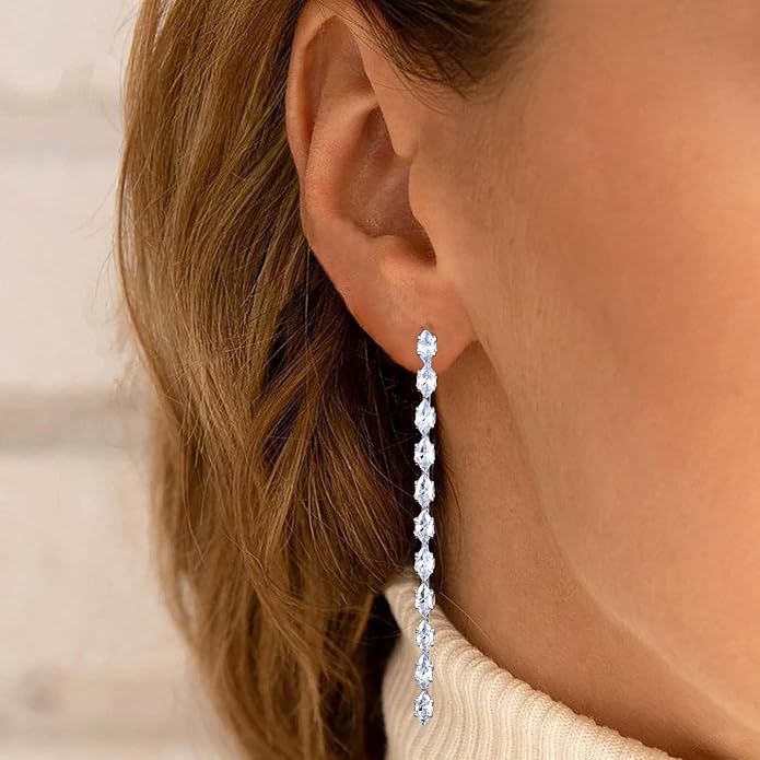 Vintage Rhinestone Chain Drop Earrings Silver Linear Crystal Earrings Sparkle Cz Tassel Earrings Long Cz Chain Stud Earrings Jewelry for Women and Girls