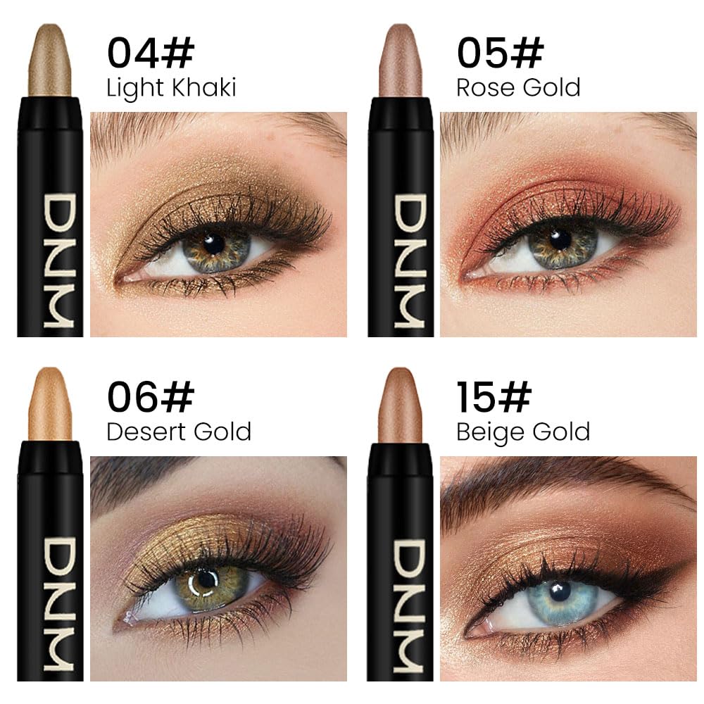 evpct 4Pcs Cream Eye Shadow Brightener Sticks Set for Eyes, 04# Light khaki 05# Broze gold 06# Desert gold 15# Beige gold Shimmer Metallic Eye shadow Pencil Applicator Stick Palette Makeup Waterproof