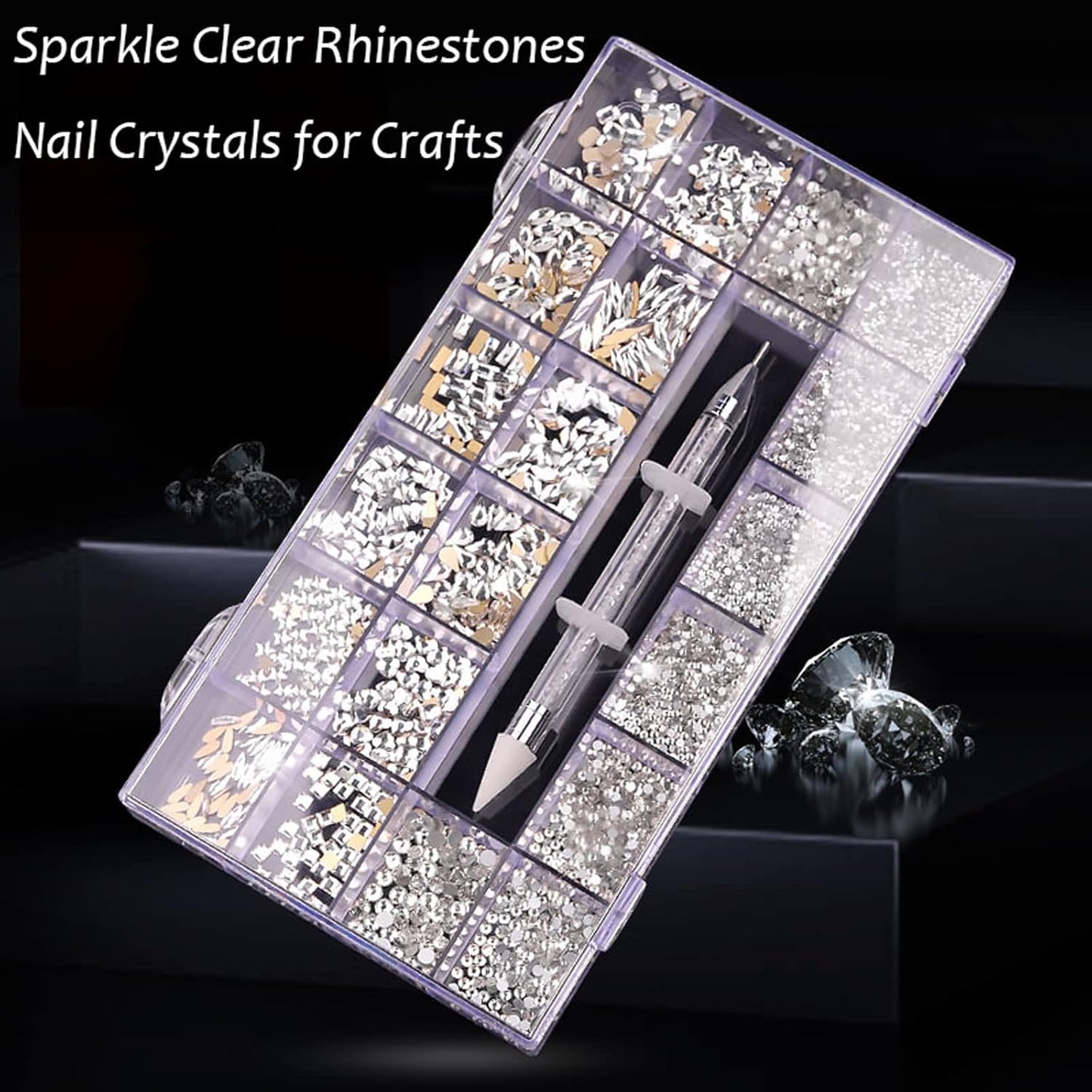 Nail Rhinestones Kit, Nail Art Decorations Flat AB Rhinestones Kit DIY Crafts Gemstones for Nail, Shoes, Clothes, Jewels (600 Clear Diamonds + 2500 Flat Rhinestone)