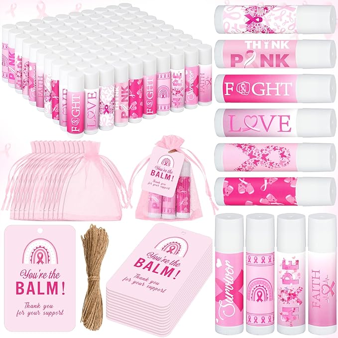 100 Set Pink Ribbon Breast Cancer Awareness Gifts Bulk, 100 Lip Balms, 100 Organza Gift Bags and 100 Tags Perfect for Charity Events, Survivors Awareness Campaigns