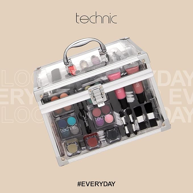 36 Pcs Clear Carry All Full Make Up Kit In a Trunk Train Case Including Makeup Brushes, Eye Shadows, Nail Polish, Blushers, Lipsticks and More