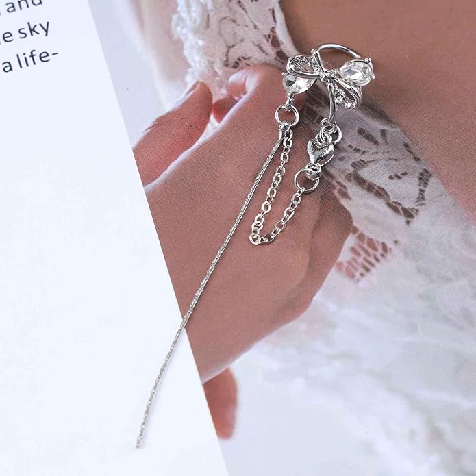 Vintage Crystal Bow Ear Cuff Earrings Rhinestone Bow Cuff Earrings Silver Long Chain Tassel Earrings Cz Chain Dangle Earrings Jewelry for Women