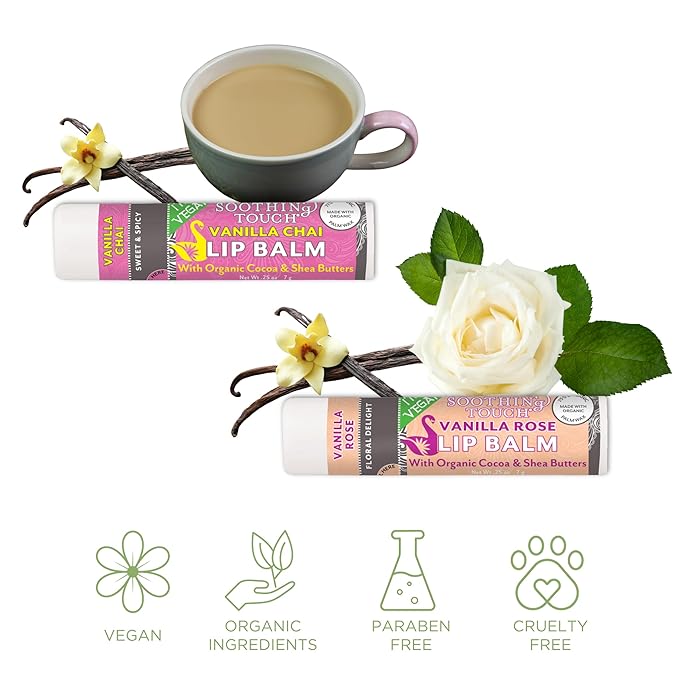 Vegan Lip Balm Set - Pack of 6 Soothing Touch Lip Balms. Plus Muslin Pouch and Lip Balm Holder Keychain (Blue): Lavender Coconut, Vanilla Chai, Vanilla Rose, Coconut Lime, Lemon Cardamom, Grapefruit