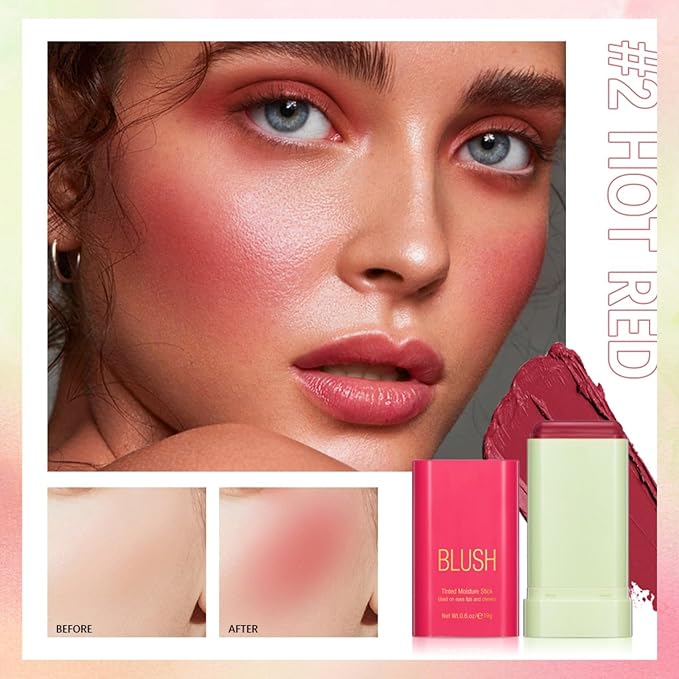 Blush Stick, Cream Blush Stick for Cheeks & Lips, Blendable Long-Lasting Multi-Use Contour Stick & Highlighter Makeup (#2 HOT RED)