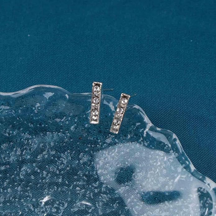 Geometric Crystal Bar Earrings Silver Cz Bar Stick Earrings Cz Rhinestone Bar Stud Earrings Silver Minimalist Earrings Jewelry for Women and Girls