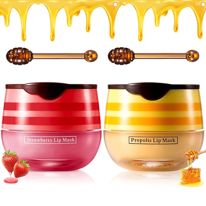 2PCS Strawberry & Honey Lip Balm, Hydrating Lip Propolis Sleeping Lip Mask, Moisturizing & Prevention Dry and Cracked Lip Scrubs Exfoliator, Lip Repair Nourishes the Lip Skin