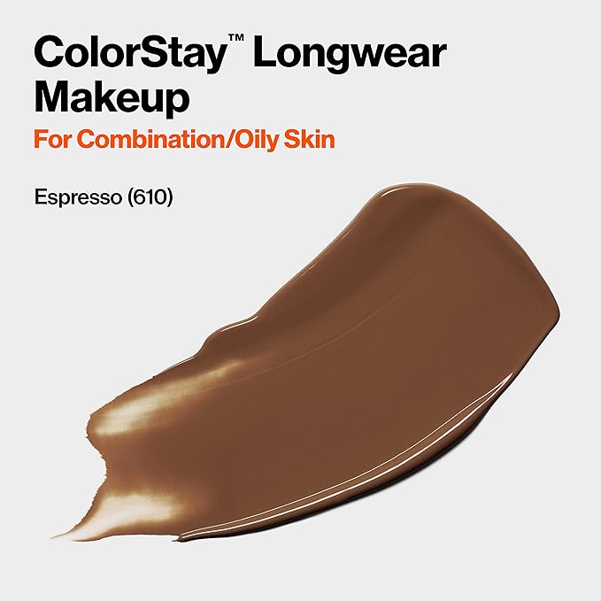 Revlon Liquid Foundation, ColorStay Face Makeup for Combination & Oily Skin, SPF 15, Medium-Full Coverage with Matte Finish, Espresso (610), 1.0 oz
