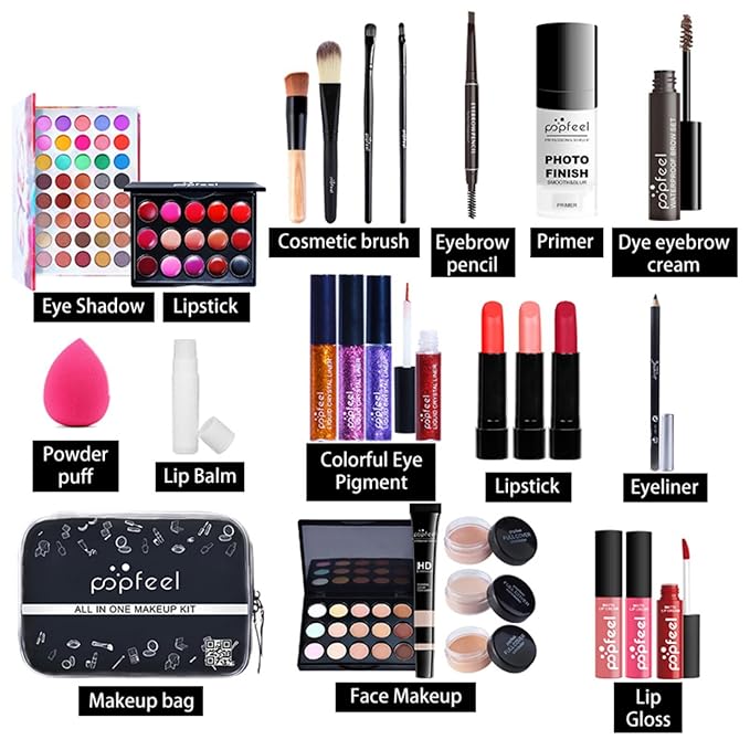 All-in-one Makeup Set Holiday Gift | Full Makeup Kit for Women Essential Starter Bundle Include Eyeshadow Palette Lipstick Blush Cream Concealer Face Powder Eyeliner Mascara Lipgloss Brush
