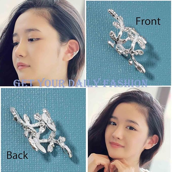 Boho Cz Leaf Ear Cuff Earrings Silver Ear Crawler Earrings Paved Rhinestone Cartilage Cuff Earrings Non Piercing Ear Cuff Wrap Earrings Jewelry for Women and Girls Gifts