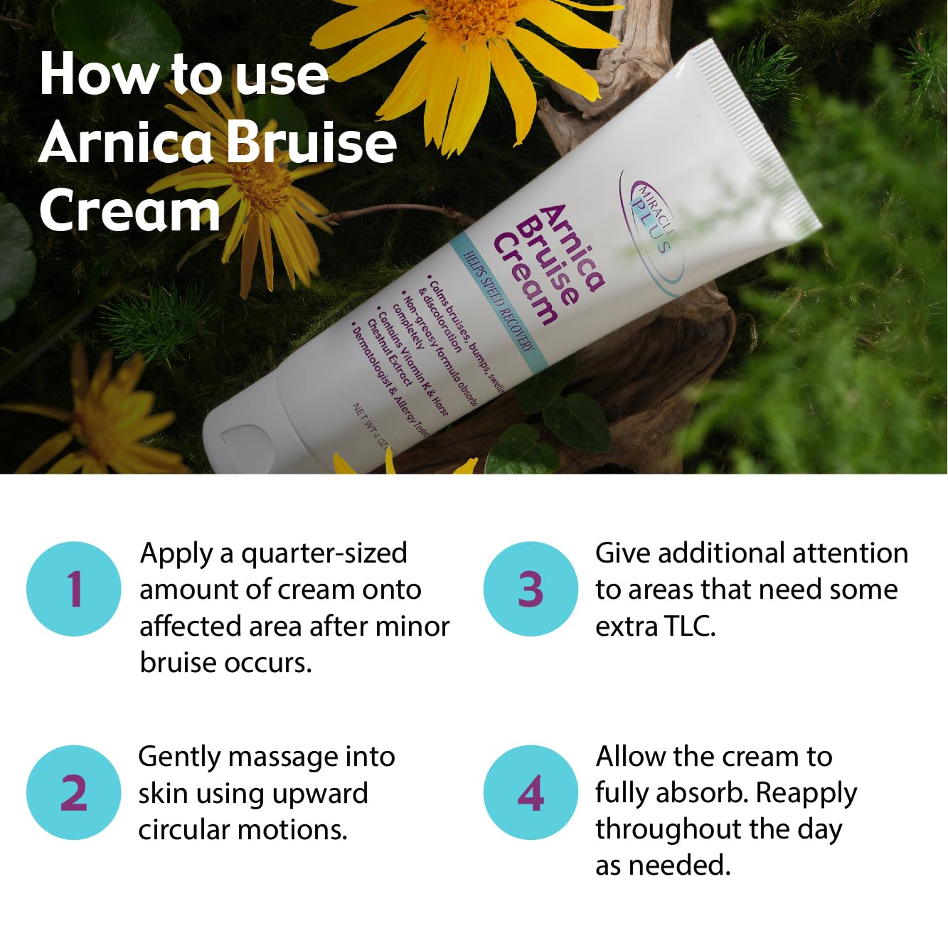 Miracle Plus Arnica Cream Bruise Relief Lotion For Bruising And Swelling On Skin | Bruise Cream Extra Strength Vitamin K Cream | Moisturizing Bruise Formula Skin Care Gel W/ Horse Chestnut, 4 Ounce