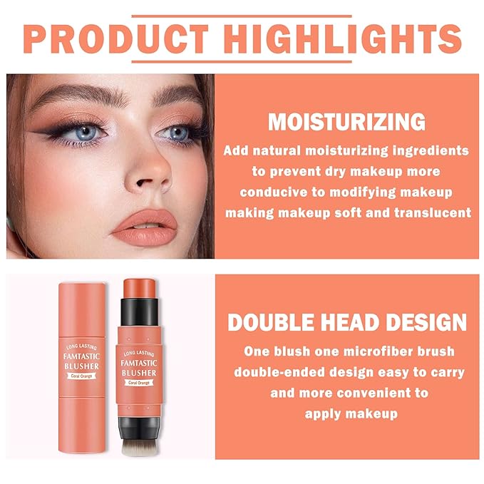 Cream Blush Stick with Brush,Waterproof Blush Makeup,Long Lasting 3 In 1 Cheek Blush & Lip Tint & Eye Shadow Makeup Stick,Easy To Use Blends Effortlessly,Cream Blush Makeup for All Skin Tones - Coral Orange