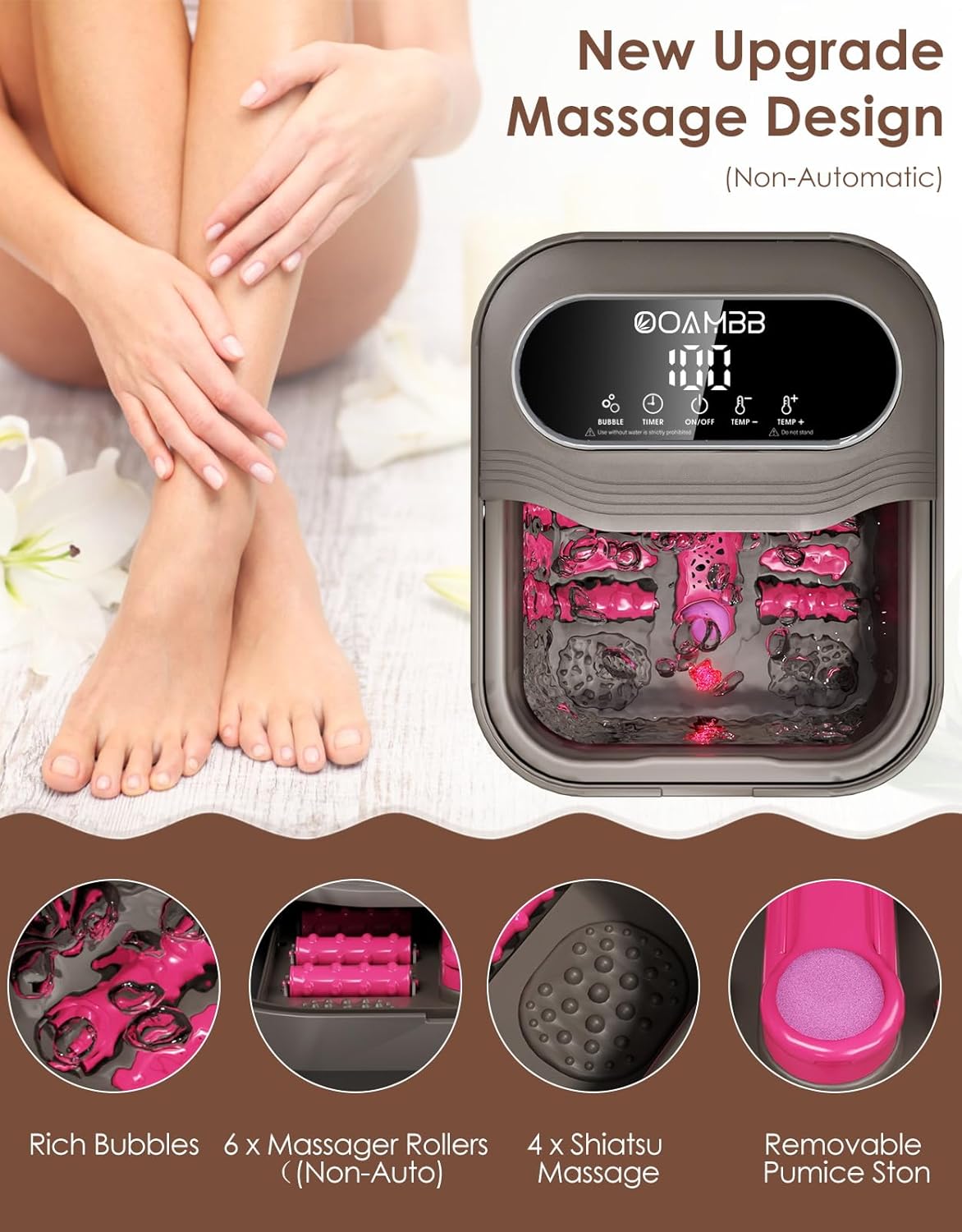 Collapsible Foot Spa with Heat, Bubble and Temp Control, Foot Bath Massager with XL Touch Screen and Massage Rollers, Foot Soaking Tub, Pedicure Foot spa for Stress Relief (Dark Grey +Green)