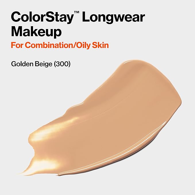 Revlon Liquid Foundation, ColorStay Face Makeup for Combination & Oily Skin, SPF 15, Medium-Full Coverage with Matte Finish, Golden Beige (300), 1.0 oz