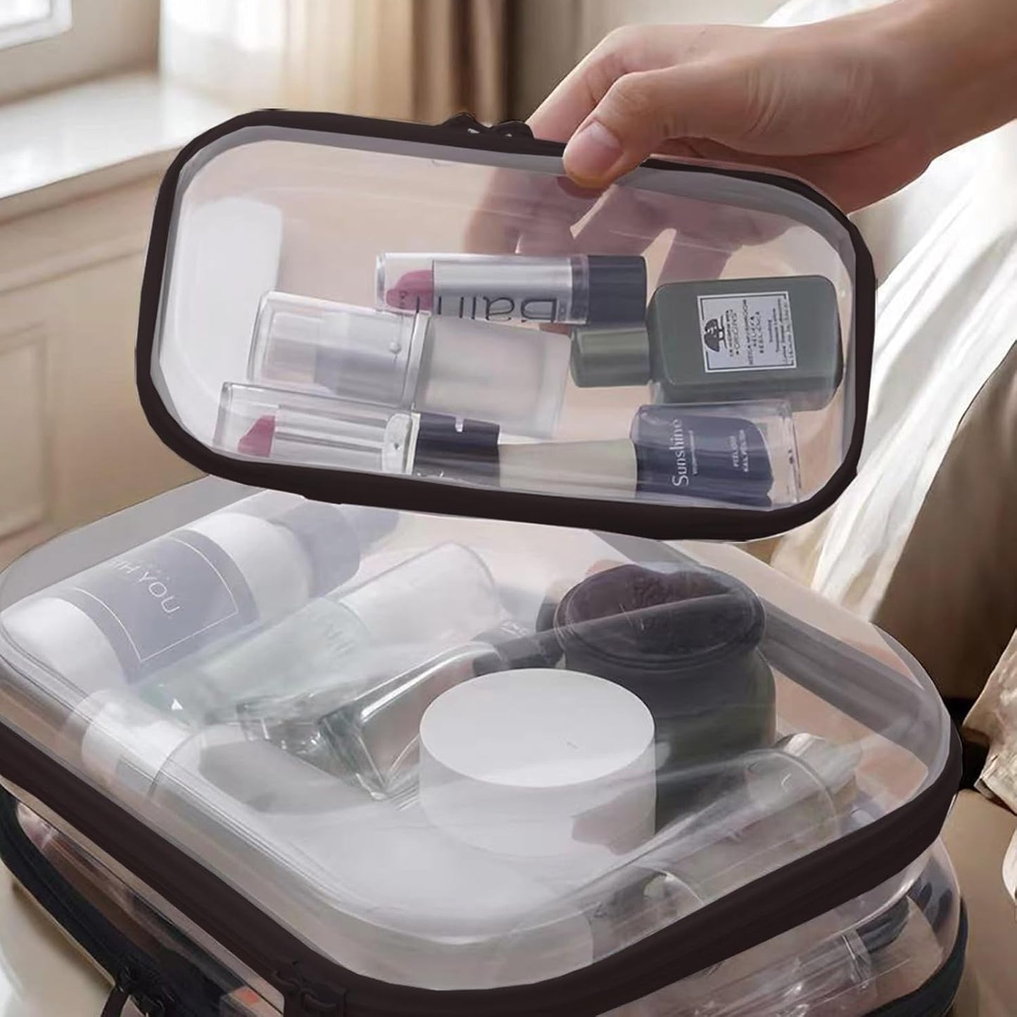 【6-Pack】 Clear Hard Shell Zipper Case Set | Durable Travel Pouches for Toiletries, Makeup Storage Organizer, Toy Storage Box | Transparent Cosmetic Bags with Zipper for Organization (Black)