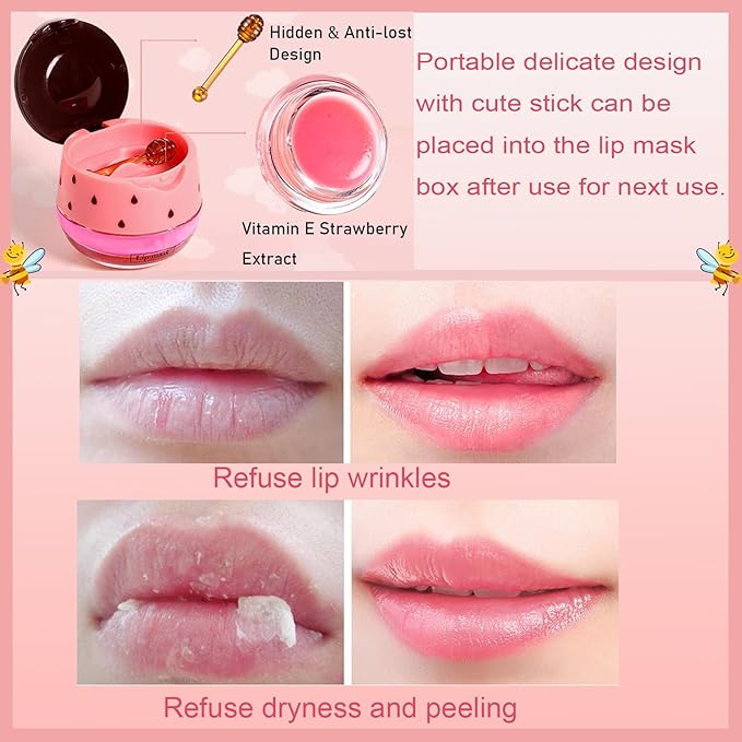 3PCS Bee Lip Balm Honey Pot, Exfoliating Strawberry Cherry Watermelon Bee Lip Balm Sleeping Lip Mask Overnight with Sticks, Honey Pot Lip Balm Prevention Dry Hydrating and Crack Lip Scrubs